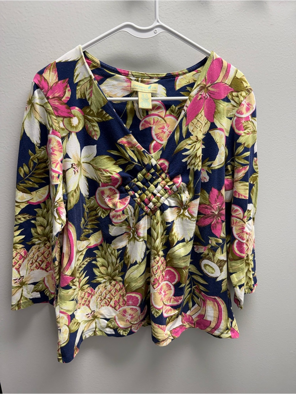 Caribbean Joe Navy Tropical Floral V-Neck Tunic with Woven Detail